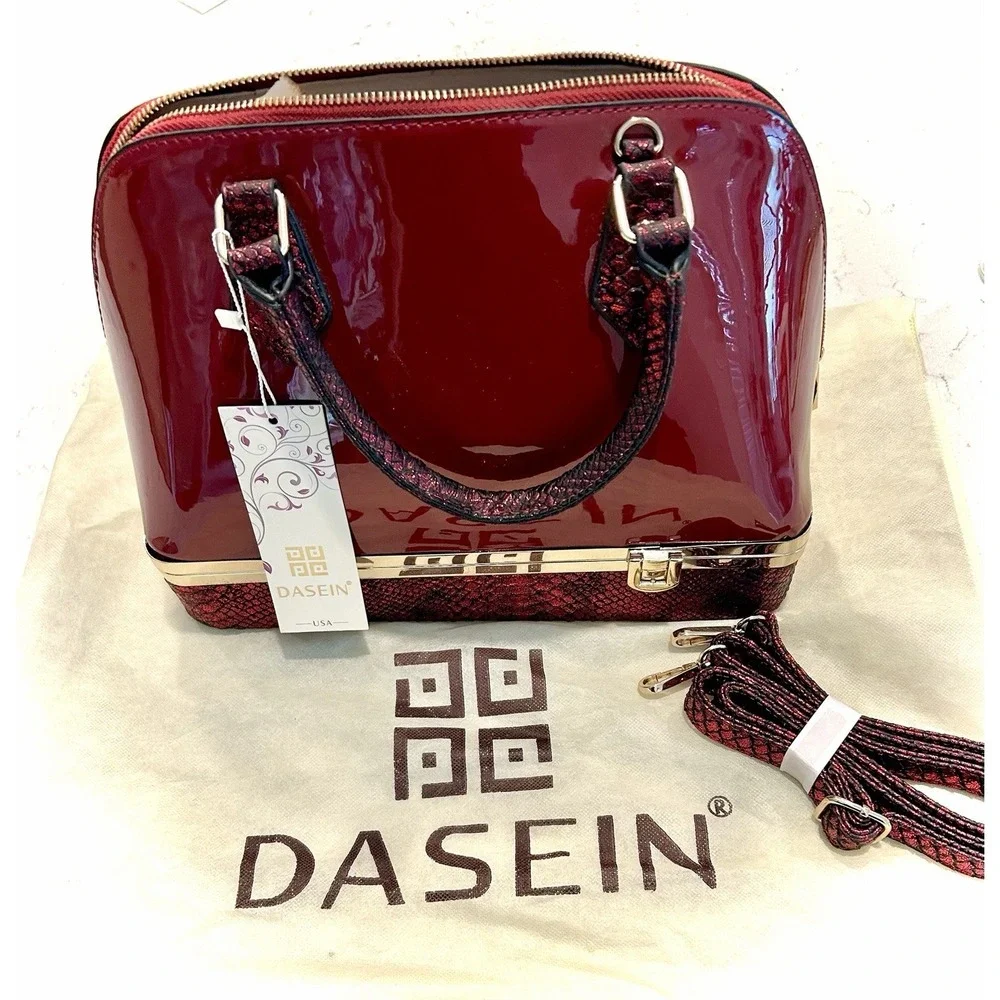 Dasein Red Patent Satchel Top Handle Bag‎ Zip/Latch w/ Detachable Strap Dust Bag